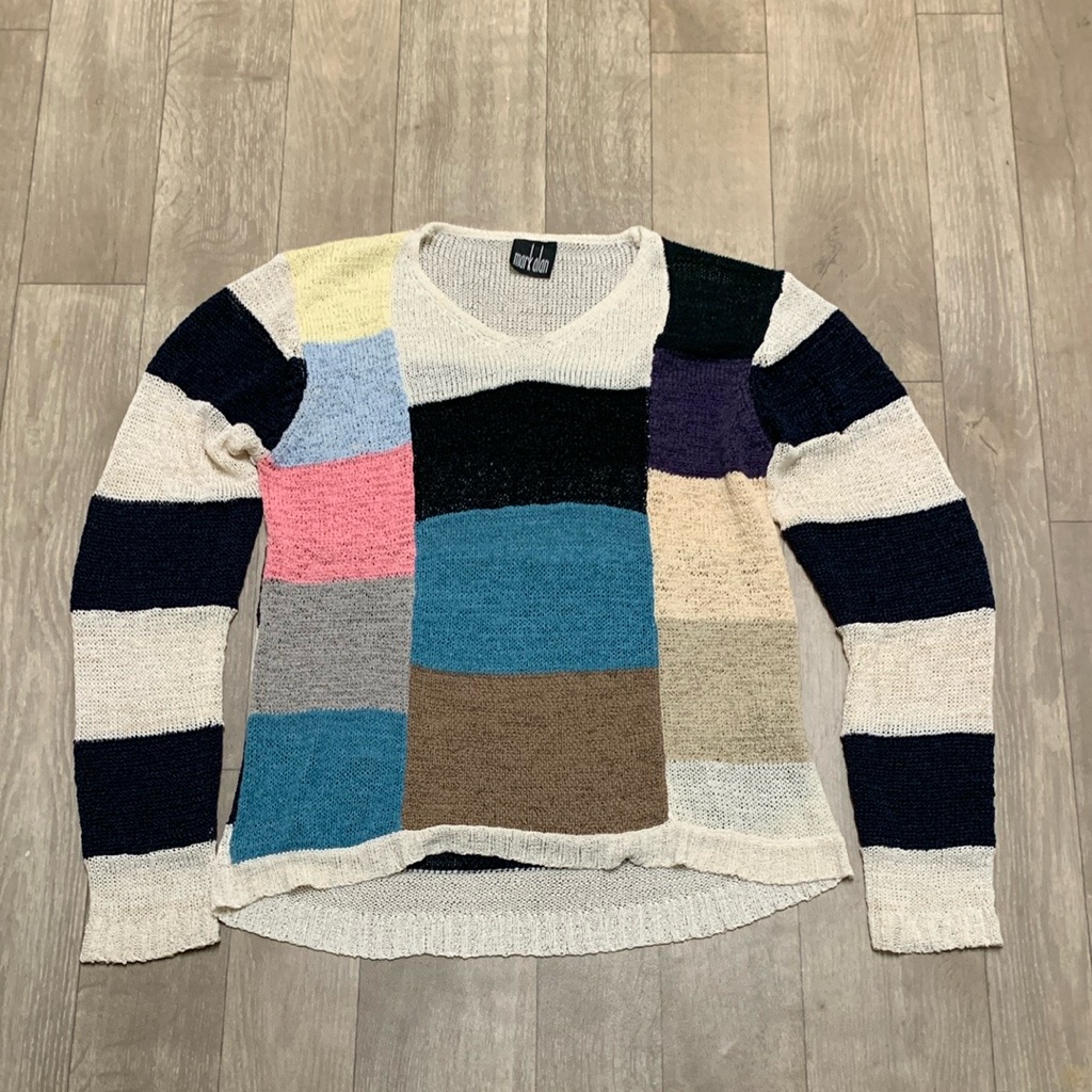 Vintage Mark Alan Wool Blend Color Block Open Knit Long Sleeve Sweater